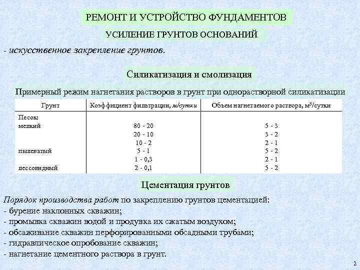 РЕМОНТ И УСТРОЙСТВО ФУНДАМЕНТОВ УСИЛЕНИЕ ГРУНТОВ ОСНОВАНИЙ - искусственное закрепление грунтов. Силикатизация и смолизация