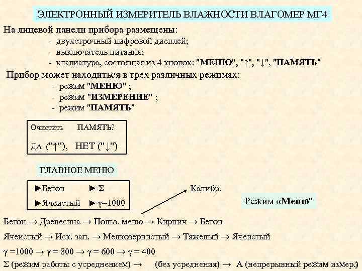 ЭЛЕКТРОННЫЙ ИЗМЕРИТЕЛЬ ВЛАЖНОСТИ ВЛАГОМЕР МГ 4 На лицевой панели прибора размещены: - двухстрочный цифровой