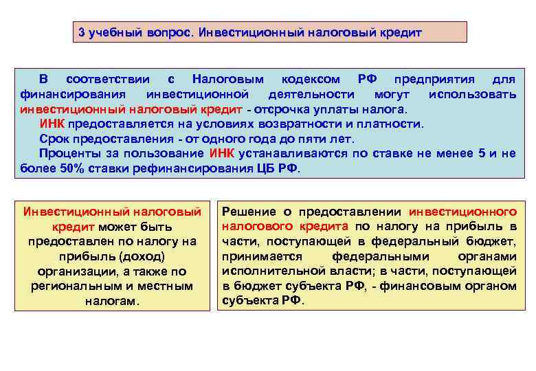 3 учебный вопрос. Инвестиционный налоговый кредит В соответствии с Налоговым кодексом РФ предприятия для