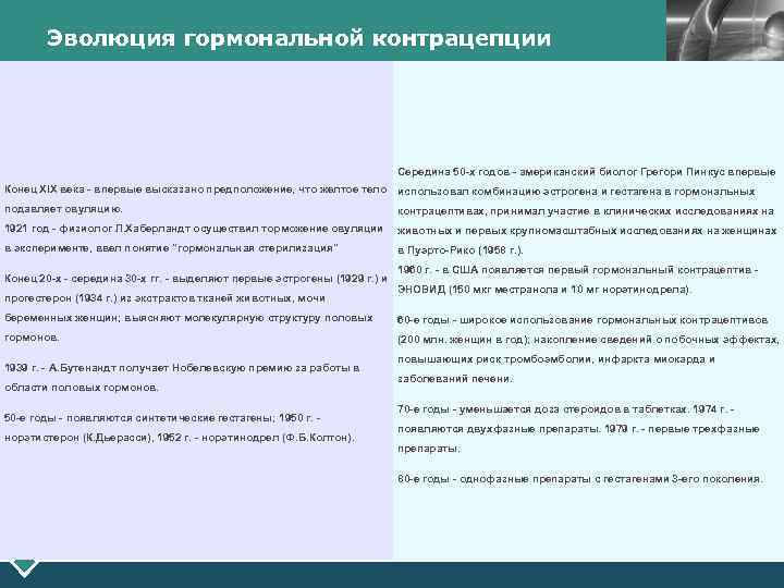 Эволюция гормональной контрацепции LOGO Середина 50 -х годов - американский биолог Грегори Пинкус впервые