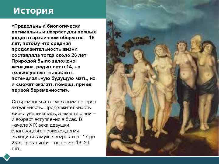 История «Предельный биологически оптимальный возраст для первых родов в архаичном обществе – 16 лет,