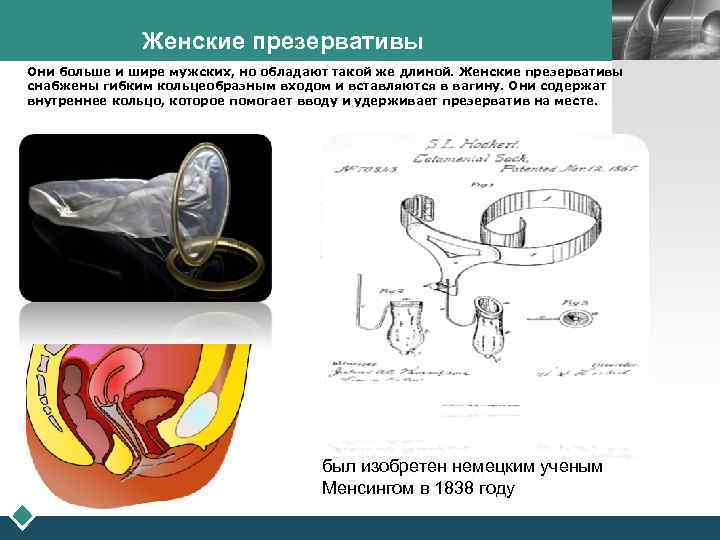 Женские презервативы Они больше и шире мужских, но обладают такой же длиной. Женские презервативы