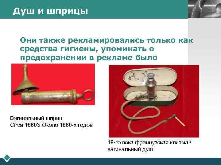 Душ и шприцы LOGO Они также рекламировались только как средства гигиены, упоминать о предохранении