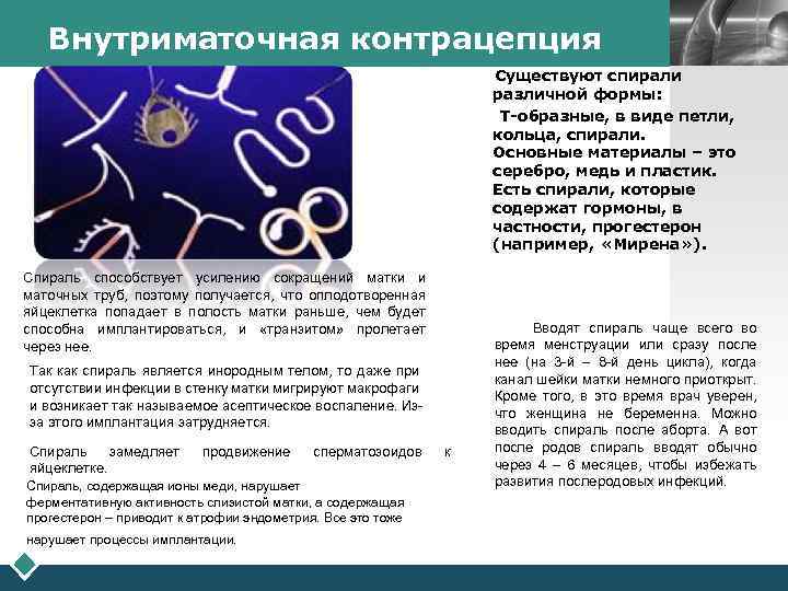 Внутриматочная контрацепция LOGO Существуют спирали различной формы: Т-образные, в виде петли, кольца, спирали. Основные