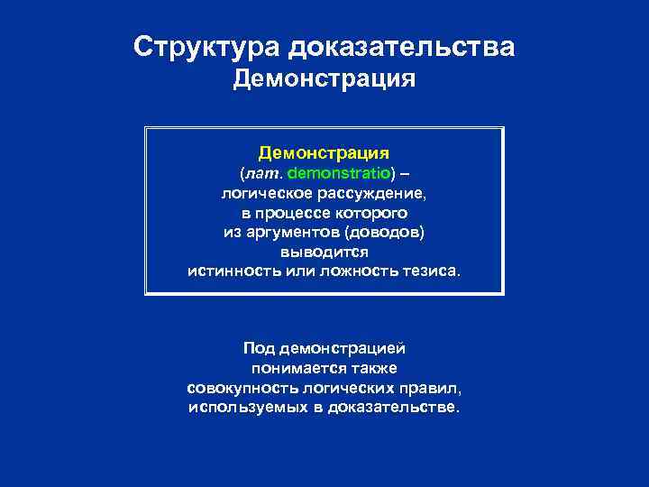 Структура доказательства Демонстрация (лат. demonstratio) – логическое рассуждение, в процессе которого из аргументов (доводов)