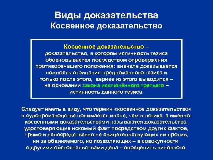 Виды доказательства Косвенное доказательство – доказательство, в котором истинность тезиса обосновывается посредством опровержения противоречащего