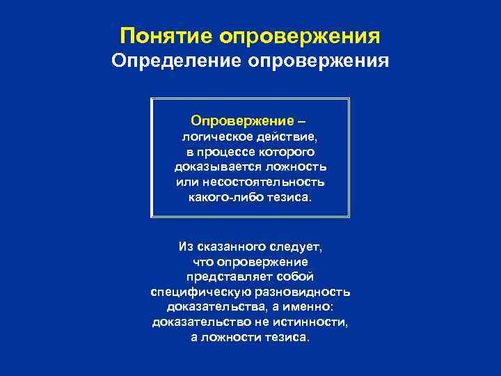 Понятие опровержения Определение опровержения Опровержение – логическое действие, в процессе которого доказывается ложность или