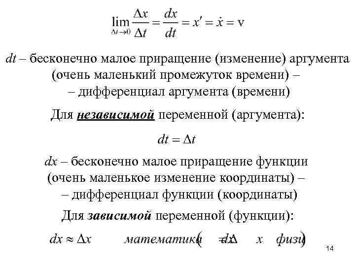 Мало изменений. Изменение аргумента функции. Дифференциал аргумента. Дифференциал времени DT. Дифференциал 1 порядка.