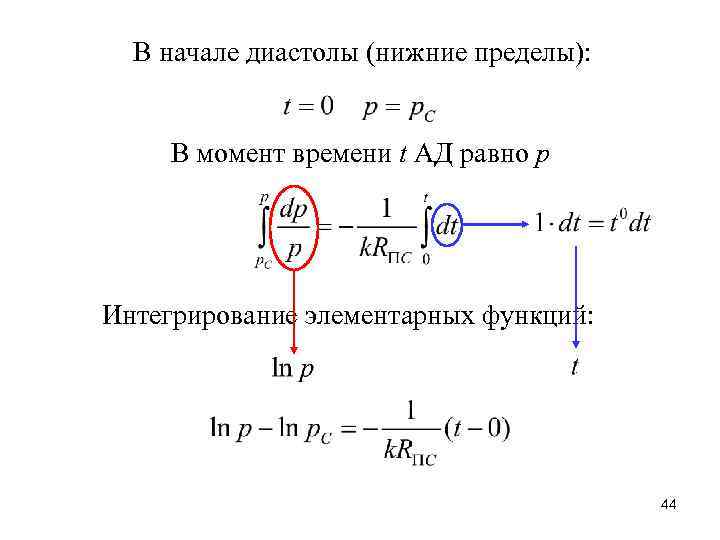 В начале диастолы (нижние пределы): В момент времени t АД равно р Интегрирование элементарных