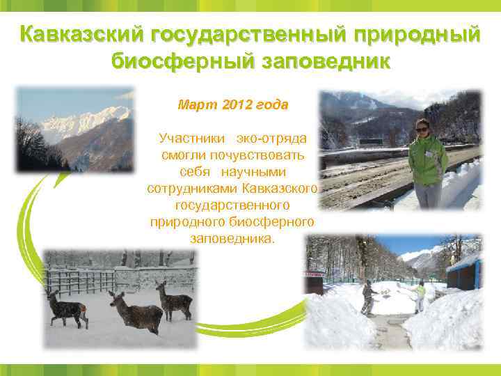 Кавказский государственный природный биосферный заповедник Март 2012 года Участники эко-отряда смогли почувствовать себя научными