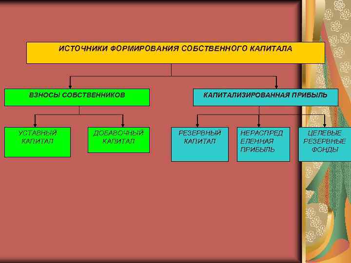 ИСТОЧНИКИ ФОРМИРОВАНИЯ СОБСТВЕННОГО КАПИТАЛА ВЗНОСЫ СОБСТВЕННИКОВ УСТАВНЫЙ КАПИТАЛ ДОБАВОЧНЫЙ КАПИТАЛИЗИРОВАННАЯ ПРИБЫЛЬ РЕЗЕРВНЫЙ КАПИТАЛ НЕРАСПРЕД