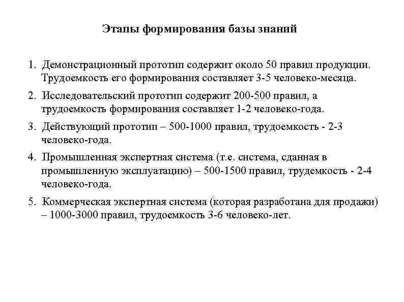 Этапы формирования базы знаний 1. Демонстрационный прототип содержит около 50 правил продукции. Трудоемкость его