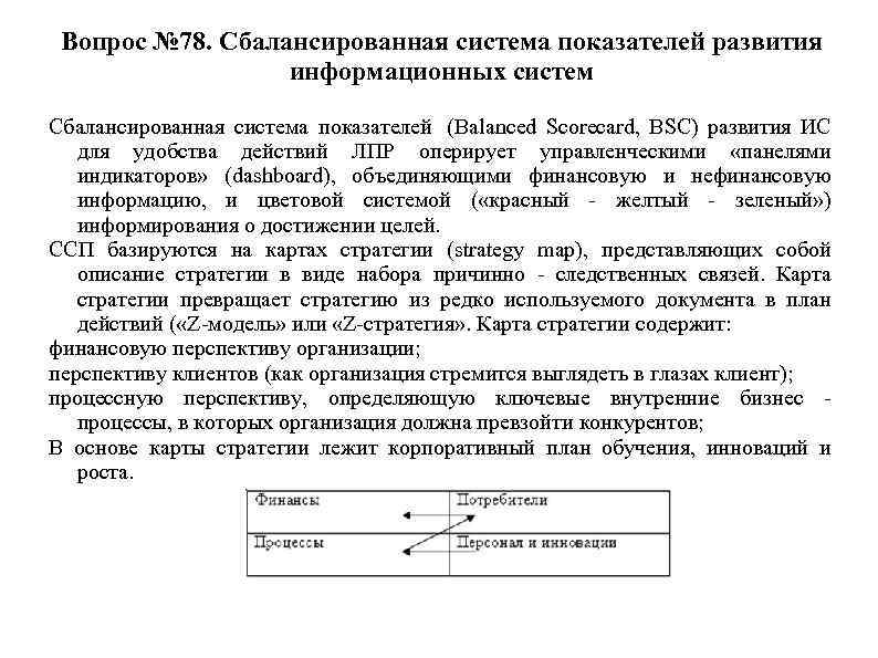 Вопрос № 78. Сбалансированная система показателей развития информационных систем Сбалансированная система показателей (Balanced Scorecard,