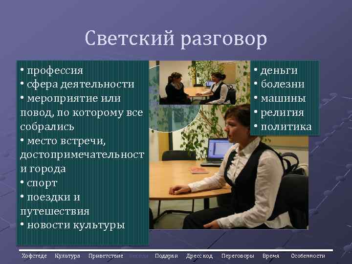 Светский разговор • профессия • сфера деятельности Как Вы • мероприятие или добрались ?