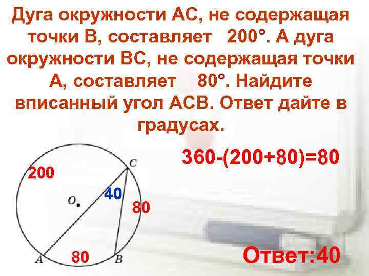 Дуга окружности AC, не содержащая точки B, составляет 200°. А дуга окружности BC, не