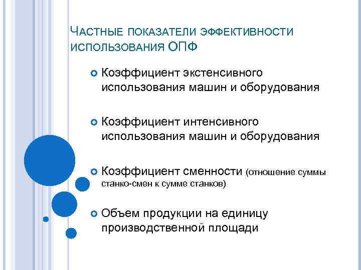 ЧАСТНЫЕ ПОКАЗАТЕЛИ ЭФФЕКТИВНОСТИ ИСПОЛЬЗОВАНИЯ ОПФ Коэффициент экстенсивного использования машин и оборудования Коэффициент интенсивного использования