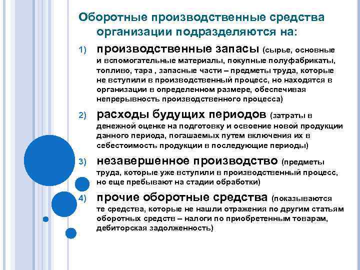 Оборотные производственные средства организации подразделяются на: 1) производственные запасы (сырье, основные и вспомогательные материалы,