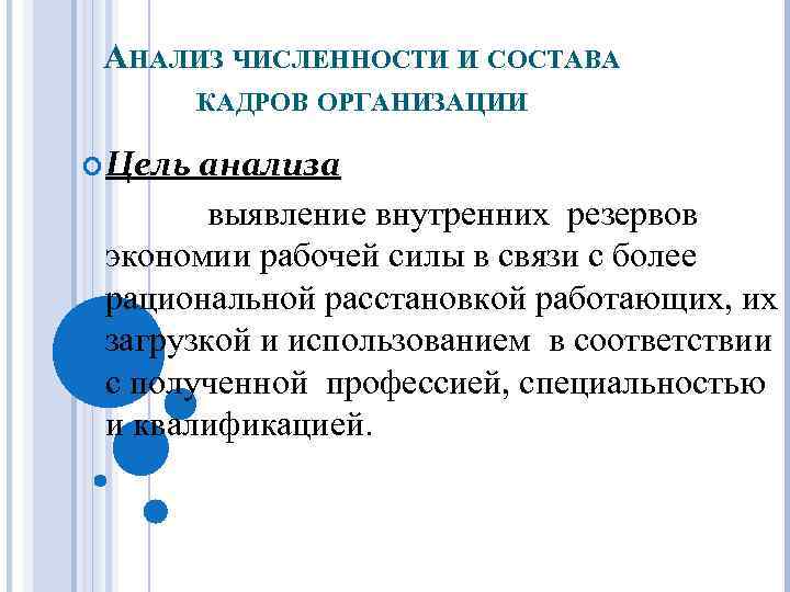 АНАЛИЗ ЧИСЛЕННОСТИ И СОСТАВА КАДРОВ ОРГАНИЗАЦИИ Цель анализа выявление внутренних резервов экономии рабочей силы