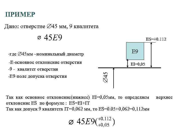 37 ПРИМЕР Дано: отверстие 45 мм, 9 квалитета ES=+0. 112 Е 9 -где 45