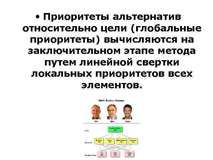  • Приоритеты альтернатив относительно цели (глобальные приоритеты) вычисляются на заключительном этапе метода путем