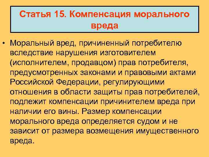 Статья 15. Компенсация морального вреда • Моральный вред, причиненный потребителю вследствие нарушения изготовителем (исполнителем,
