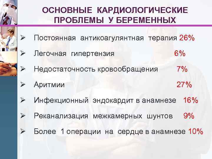 ОСНОВНЫЕ КАРДИОЛОГИЧЕСКИЕ ПРОБЛЕМЫ У БЕРЕМЕННЫХ Ø Постоянная антикоагулянтная терапия 26% Ø Легочная гипертензия 6%