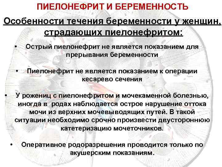 ПИЕЛОНЕФРИТ И БЕРЕМЕННОСТЬ Особенности течения беременности у женщин, страдающих пиелонефритом: • • • Острый