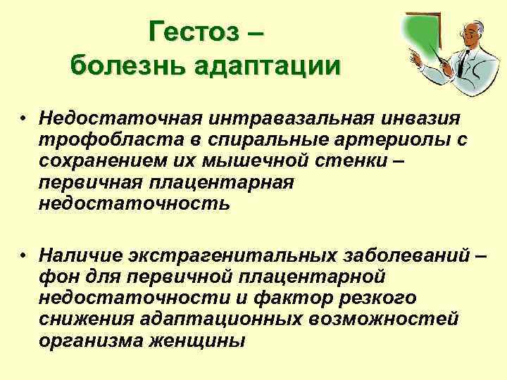 Гестоз – болезнь адаптации • Недостаточная интравазальная инвазия трофобласта в спиральные артериолы с сохранением