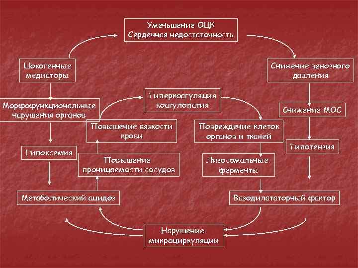 Уменьшение ОЦК Сердечная недостаточность Шокогенные медиаторы Снижение венозного давления Гиперкоагуляция коагулопатия Морфофункциональные нарушения органов