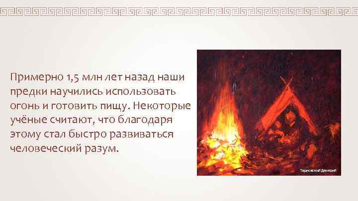 Примерно 1, 5 млн лет назад наши предки научились использовать огонь и готовить пищу.