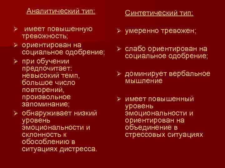 Аналитический тип: имеет повышенную тревожность; Ø ориентирован на социальное одобрение; Ø при обучении предпочитает: