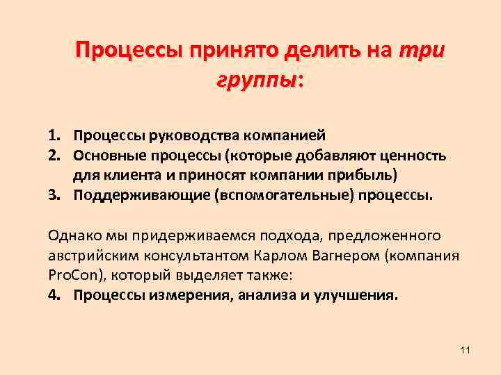 Процессы принято делить на три группы: 1. Процессы руководства компанией 2. Основные процессы (которые