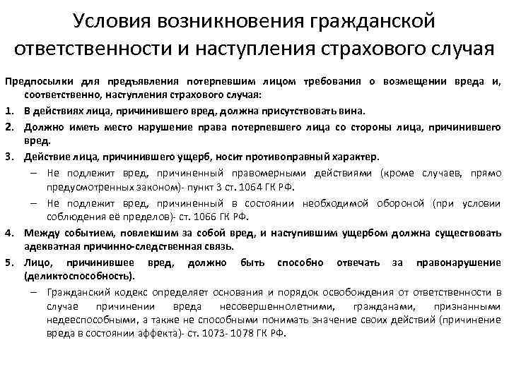 Условия возникновения гражданской ответственности и наступления страхового случая Предпосылки для предъявления потерпевшим лицом требования