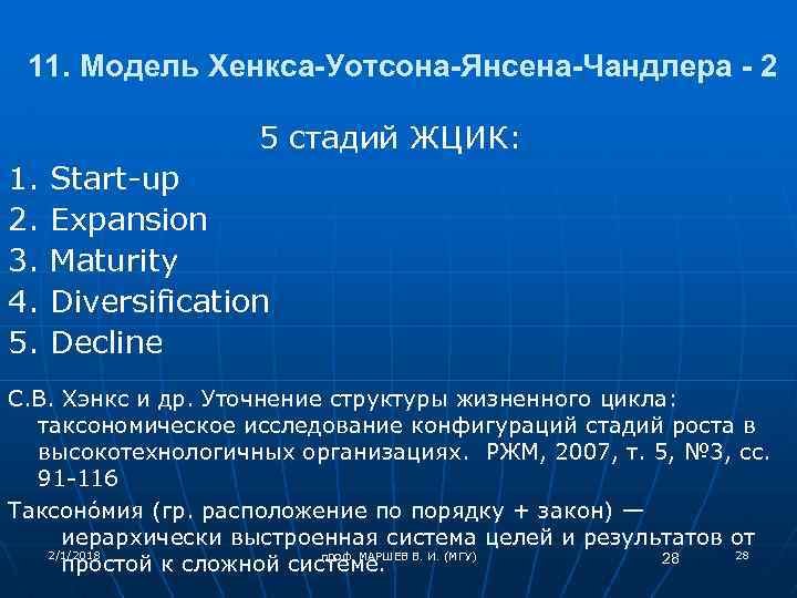 11. Модель Хенкса-Уотсона-Янсена-Чандлера - 2 5 стадий ЖЦИК: 1. Start-up 2. Expansion 3. Maturity