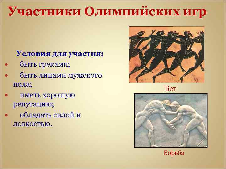 Участники Олимпийских игр Условия для участия: быть греками; быть лицами мужского пола; иметь хорошую