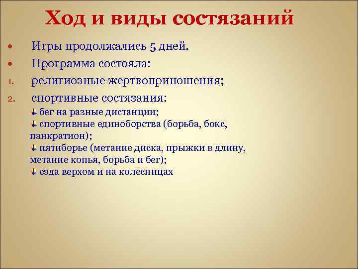 Ход и виды состязаний 1. 2. Игры продолжались 5 дней. Программа состояла: религиозные жертвоприношения;