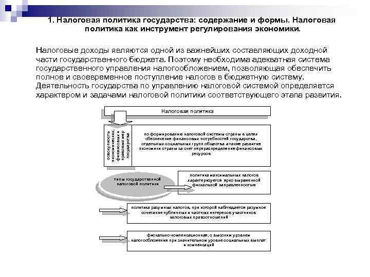 1. Налоговая политика государства: содержание и формы. Налоговая политика как инструмент регулирования экономики. Налоговые