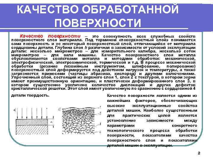 КАЧЕСТВО ОБРАБОТАННОЙ ПОВЕРХНОСТИ Качество поверхности – это совокупность всех служебных свойств поверхностного слоя материала.