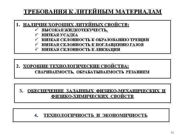 ТРЕБОВАНИЯ К ЛИТЕЙНЫМ МАТЕРИАЛАМ 1. НАЛИЧИЕ ХОРОШИХ ЛИТЕЙНЫХ СВОЙСТВ: ü ü ü ВЫСОКАЯ ЖИДКОТЕКУЧЕСТЬ,