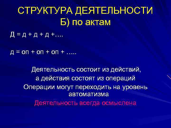 СТРУКТУРА ДЕЯТЕЛЬНОСТИ Б) по актам Д = д + д +…. д = оп