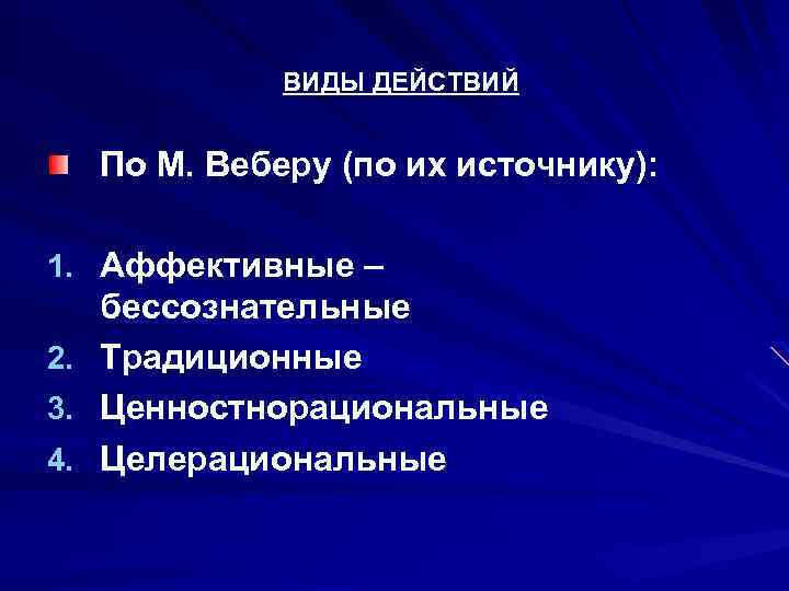 ВИДЫ ДЕЙСТВИЙ По М. Веберу (по их источнику): 1. Аффективные – 2. 3. 4.