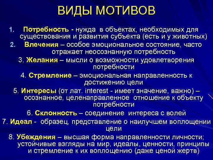 ВИДЫ МОТИВОВ Потребность - нужда в объектах, необходимых для существования и развития субъекта (есть