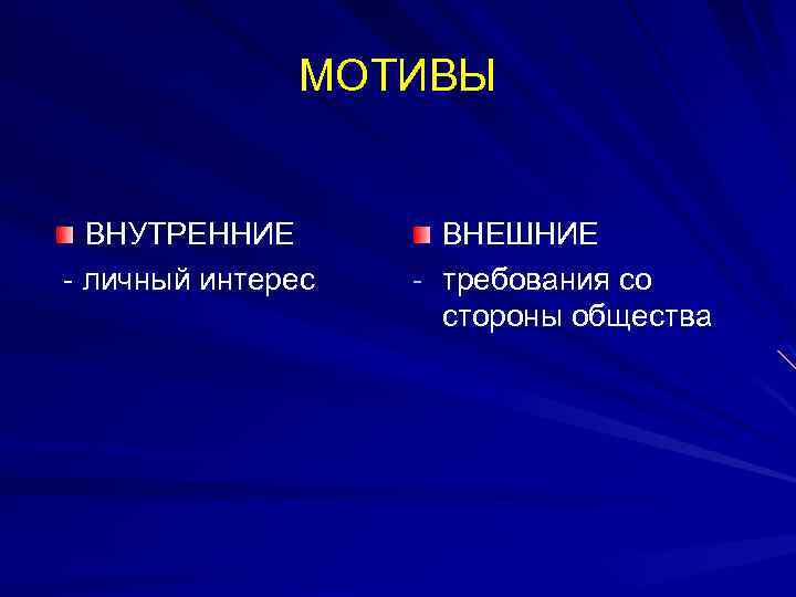 МОТИВЫ ВНУТРЕННИЕ - личный интерес ВНЕШНИЕ - требования со стороны общества 