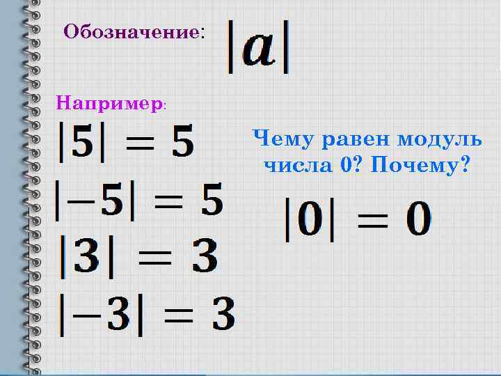 Обозначение: Например: Чему равен модуль числа 0? Почему? 