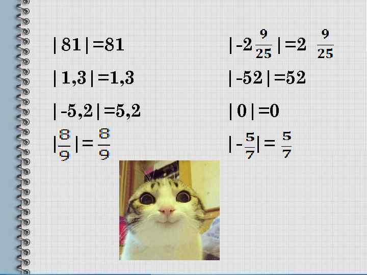 |81|=81 |-2 |=2 |1, 3|=1, 3 |-52|=52 |-5, 2|=5, 2 |0|=0 | |= |-