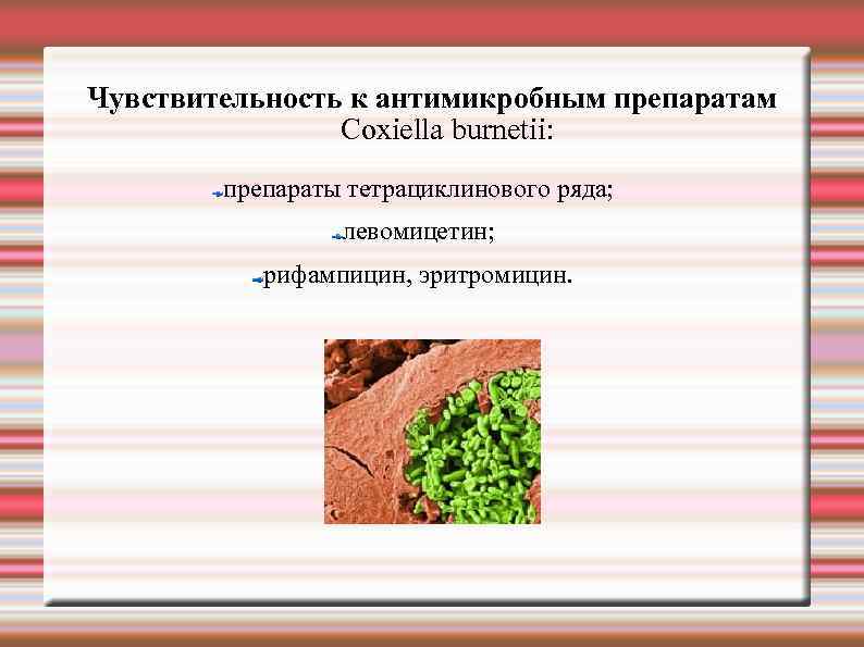 Чувствительность к антимикробным препаратам Сoxiella burnetii: препараты тетрациклинового ряда; левомицетин; рифампицин, эритромицин. 