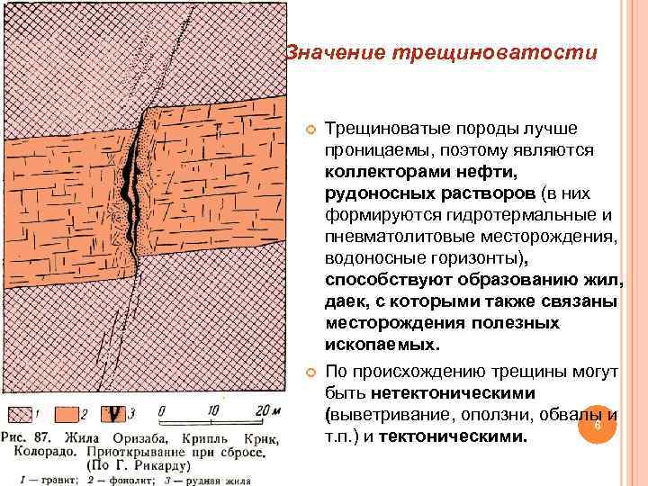 Значение трещиноватости Трещиноватые породы лучше проницаемы, поэтому являются коллекторами нефти, рудоносных растворов (в них