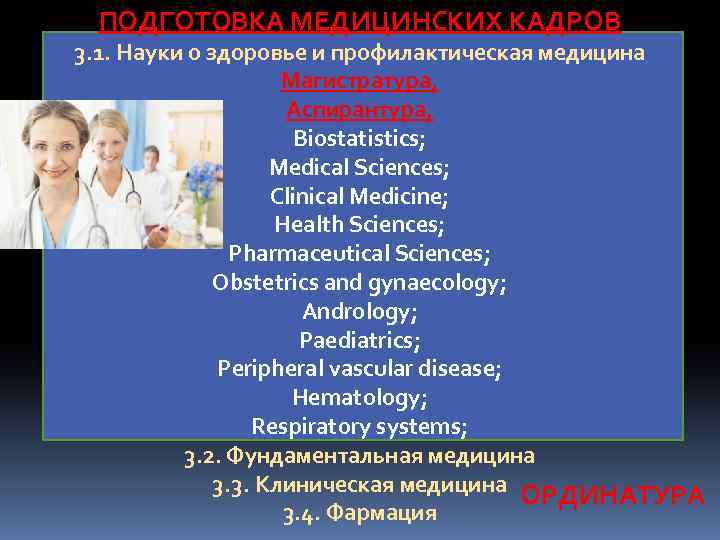 ПОДГОТОВКА МЕДИЦИНСКИХ КАДРОВ 3. 1. Науки о здоровье и профилактическая медицина Магистратура, Аспирантура, Biostatistics;