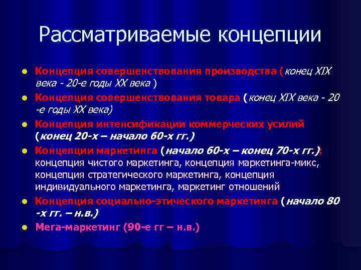 Рассматриваемые концепции Концепция совершенствования производства (конец XIX века - 20 -е годы XX века
