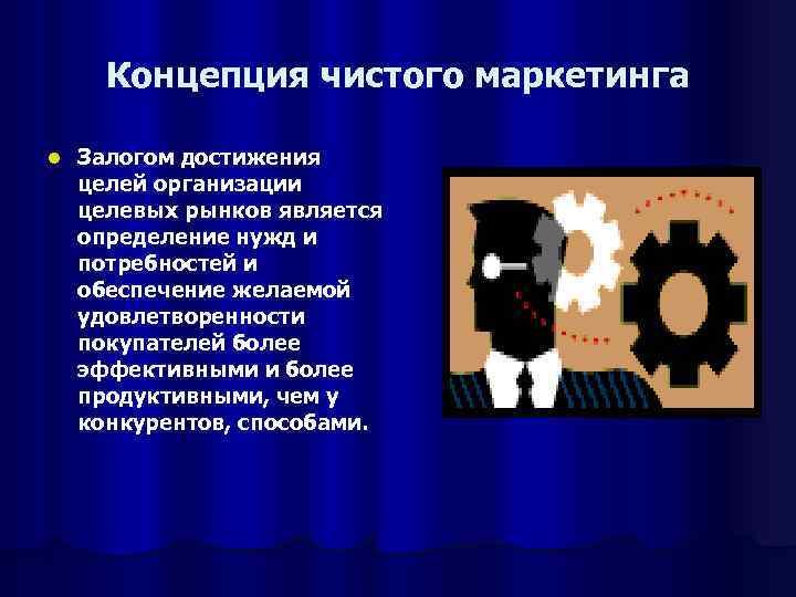 Концепция чистого маркетинга l Залогом достижения целей организации целевых рынков является определение нужд и